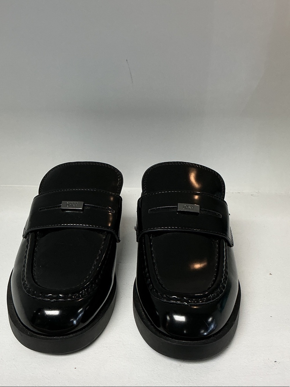 DKNY Black Patent Leather Slip-On Loafer Mules